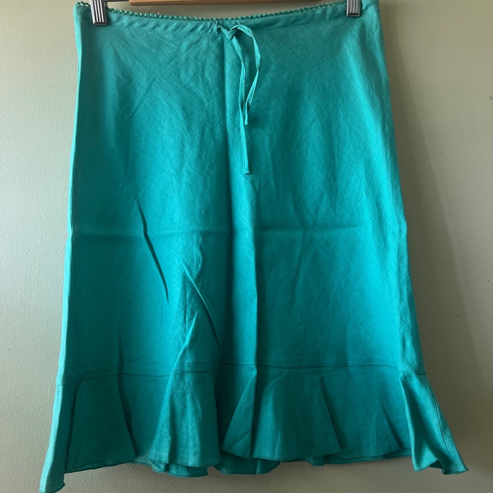 H&M Blue Green Midi A-Line 100% Linen Skirt with Tie Front